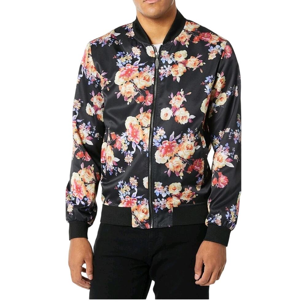 Stacy Adams Mens Satin Track Jacket Black L Embellished Urban Streetwear Floral